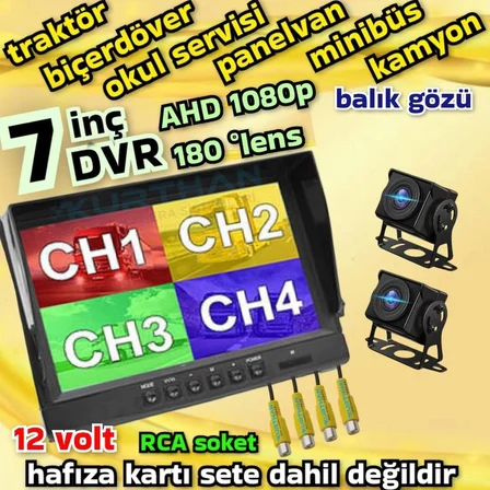 2 ADET 1080P AHD 180 DERECE BALIK GÖZÜ KAMERA 7 İNÇ 256 GB DESTEKLİ HYBRİD DVR MONİTÖR   12 VOLT