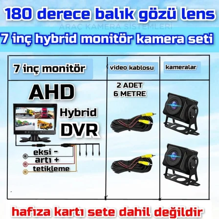 2 ADET 1080P AHD 180 DERECE BALIK GÖZÜ KAMERA 7 İNÇ 256 GB DESTEKLİ HYBRİD DVR MONİTÖR   12 VOLT