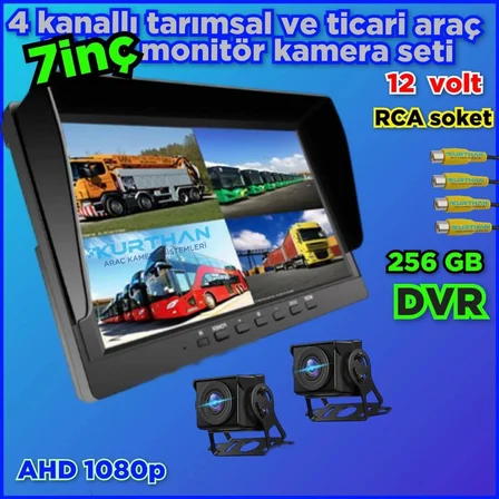 2 ADET 1080P AHD 180 DERECE BALIK GÖZÜ KAMERA 7 İNÇ 256 GB DESTEKLİ HYBRİD DVR MONİTÖR   12 VOLT