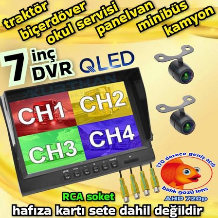 2 ADET LEDSİZ AHD 720P 170'' BALIK GÖZÜ LENS KELEBEK KAMERA 256 GB 7 İNÇ HYBRİD DVR MONİTÖR 12 VOLT