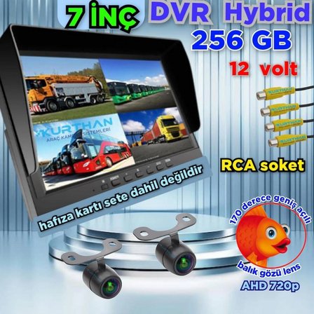 2 ADET LEDSİZ AHD 720P 170'' BALIK GÖZÜ LENS KELEBEK KAMERA 256 GB 7 İNÇ HYBRİD DVR MONİTÖR 12 VOLT