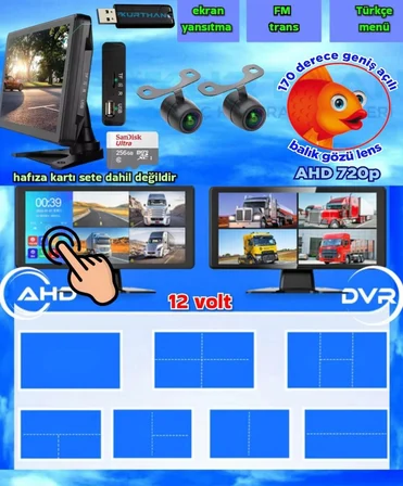 2 ADET BALIK GÖZÜ LENS AHD 720P  170'' KELEBEK KAMERA DVR DOKUNMATİK EKRAN VİDEO MÜZİK 12 VOLT