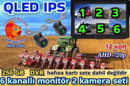 2 ADET LEDSİZ AHD 720P BALIK GÖZÜ KELEBEK KAMERA 6 KANALLI QLED 10''  DVR MONİTÖR 12 V  256 GB