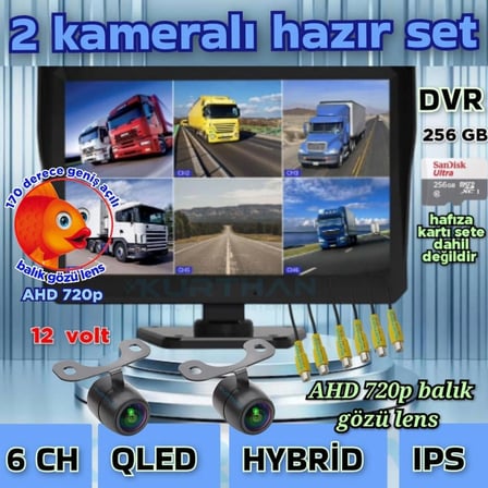 2 ADET LEDSİZ AHD 720P BALIK GÖZÜ KELEBEK KAMERA 6 KANALLI QLED 10''  DVR MONİTÖR 12 V  256 GB