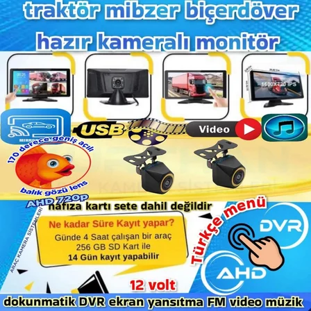 2 ADET BALIK GÖZÜ 720P AHD 170'' KAMERA DOKUNMATİK 10.36'' VİDEO MÜZİK DVR EKRAN SETİ 12 V