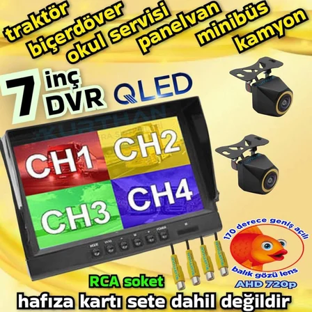 2 ADET 4X3 CM.  AHD 720P 170 DERECE BALIK GÖZÜ LENS KAMERA 7 İNÇ IPS QLED 256 GB DVR MONİTÖR  12 V