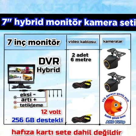 2 ADET 4X3 CM.  AHD 720P 170 DERECE BALIK GÖZÜ LENS KAMERA 7 İNÇ IPS QLED 256 GB DVR MONİTÖR  12 V