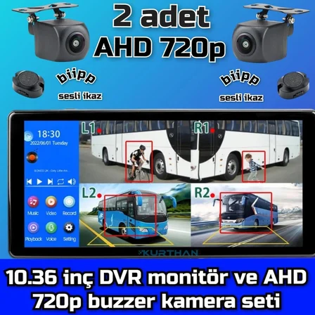 2 ADET AHD 720P NESNE TANIMALI SESLİ İKAZLI KAMERA  1036 İNÇ DVR  DOKUNMATİK EKRAN 12 VOLT