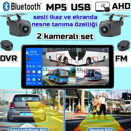 2 ADET AHD 720P NESNE TANIMALI SESLİ İKAZLI KAMERA  1036 İNÇ DVR  DOKUNMATİK EKRAN 12 VOLT