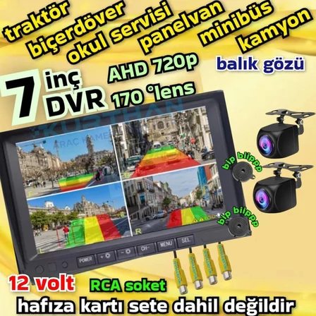 2 ADET AHD 720P NESNE  TANIMALI SESLİ İKAZLI KAMERA 7 İNÇ DVR MONİTÖR SET  12 VOLT