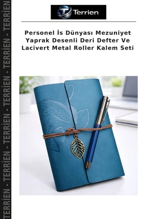 Personel İs Dünyası Mezuniyet Yaprak Desenli Deri Defter Ve Lacivert Metal Roller Kalem Seti