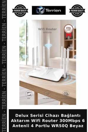 Delux Serisi Cihazı Bağlantı Aktarım Wifi Router 300Mbps 6 Antenli 4 Portlu WR50Q Beyaz