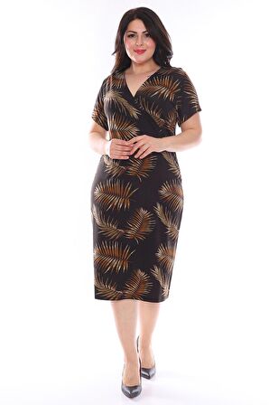 Kruvaze Yaka Yaprak Desen Büyük Beden Elbise 2D-0978