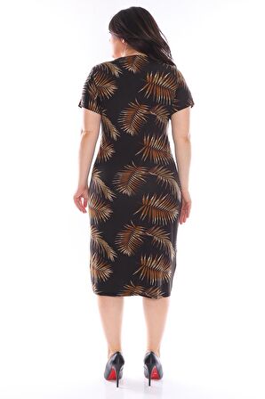 Kruvaze Yaka Yaprak Desen Büyük Beden Elbise 2D-0978