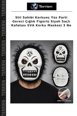 Stil Sahibi Korkunç Yüz Parti Gereci Çığlık Figürlü Siyah Saçlı Kafatası EVA Korku Maskesi 3 No
