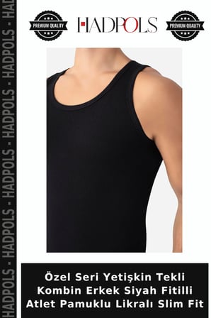 Özel Seri Yetişkin Tekli Kombin Erkek Siyah Fitilli Atlet Pamuklu Likralı Slim Fit