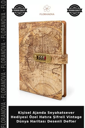 Kişisel Ajanda Seyahatsever Hediyesi Özel Hatıra Şifreli Vintage Dünya Haritası Desenli Defter