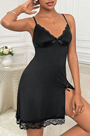 Dodes Kadın Siyah Dantelli Fiyonklu Ve Yırtmaçlı Şık Gecelik