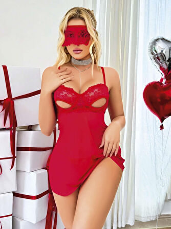 Dodes Kadın Kırmızı Göğüs Dekolteli Tül Gecelik Tanga Takım 2180