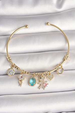 Dodes Dodes Pirinç Gold Renk Sallantı Zirkon Taşlı AYıcık Figür Kalp Detay Charm Kadın Bileklik TG27BB6894