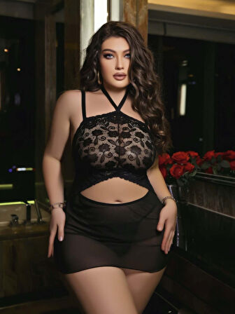 Dodes Kadın Siyah Fantazi Gecelik Kısa Tül Boyundan Bağlamalı 2200