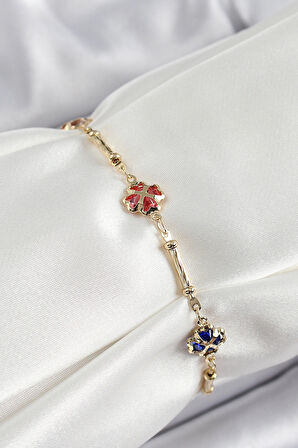 Dodes Dodes Pirinç Gold Renk Karışık Renk Yonca Zirkon Taşlı Kadın Bileklik TG27BB7056