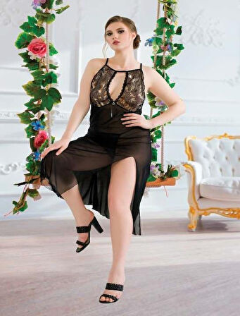 Dodes Büyük Beden Siyah Tül Fantezi Uzun Yırtmaçlı Gecelik