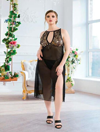 Dodes Büyük Beden Siyah Tül Fantezi Uzun Yırtmaçlı Gecelik