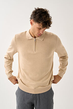 Fermuarlı Polo Yaka Kazak