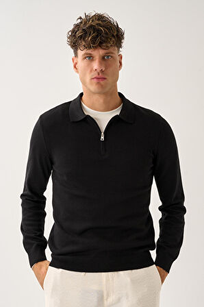 Fermuarlı Polo Yaka Kazak