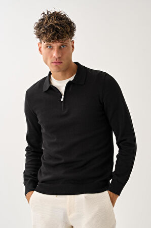 Fermuarlı Polo Yaka Kazak