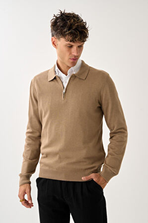 Fermuarlı Polo Yaka Kazak