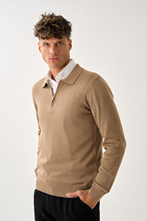 Fermuarlı Polo Yaka Kazak