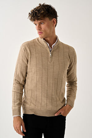 Dikey Dokuma Desenli Fermuarlı Triko Kazak