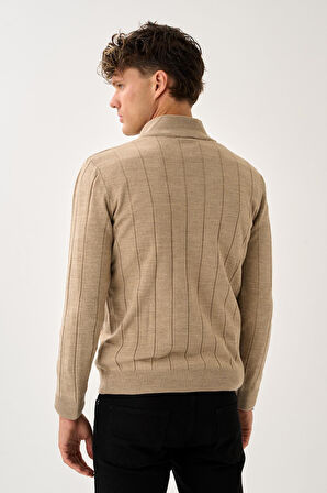 Dikey Dokuma Desenli Fermuarlı Triko Kazak