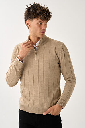 Dikey Dokuma Desenli Fermuarlı Triko Kazak