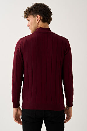 Dikey Dokuma Desenli Fermuarlı Triko Kazak