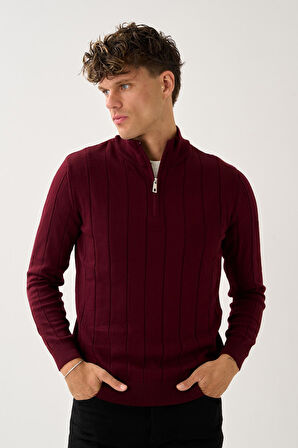 Dikey Dokuma Desenli Fermuarlı Triko Kazak