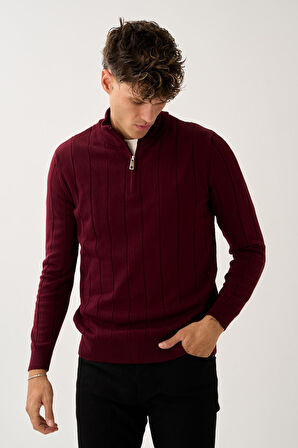 Dikey Dokuma Desenli Fermuarlı Triko Kazak