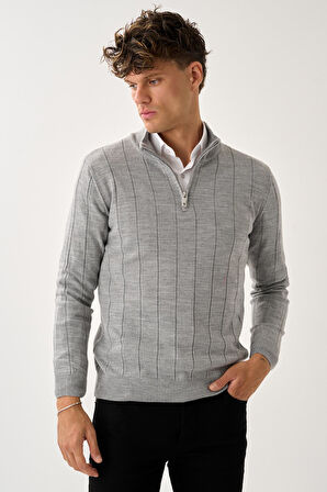 Dikey Dokuma Desenli Fermuarlı Triko Kazak