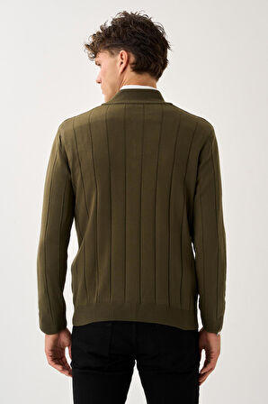 Dikey Dokuma Desenli Fermuarlı Triko Kazak