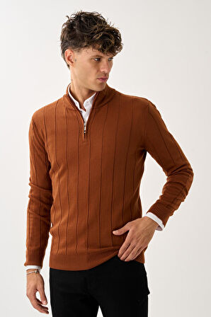 Dikey Dokuma Desenli Fermuarlı Triko Kazak