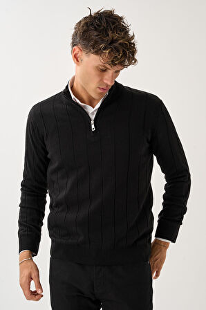 Dikey Dokuma Desenli Fermuarlı Triko Kazak