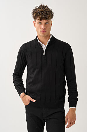 Dikey Dokuma Desenli Fermuarlı Triko Kazak