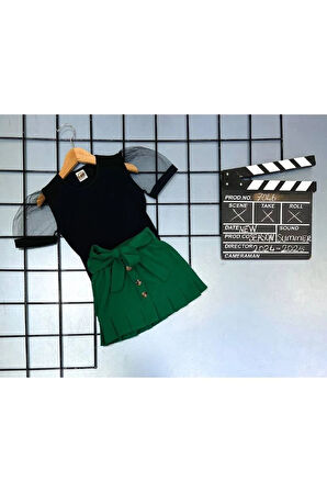 Piliseli Etekli Tül Kollu Badili Kız Takım Yeşil 7046-Y