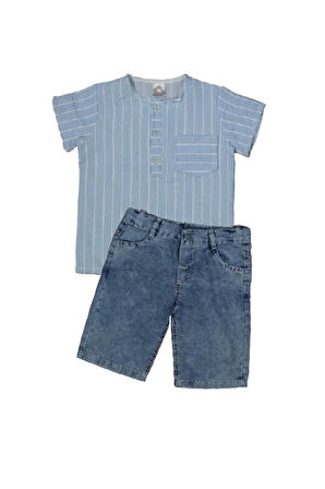 MK Çizgili Patlı Gömlekli Kot Şortlu Erkek Çocuk Kısa Kol Takım 6-10 Yaş Mavi Çizgili 1151-M