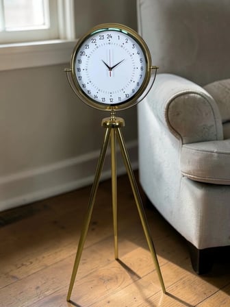 24 Saat Göstergeli Özel Tasarım Gold Tripod Ayaklı Duvar Saati iegxx