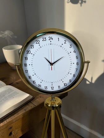 24 Saat Göstergeli Özel Tasarım Gold Tripod Ayaklı Duvar Saati iegxx