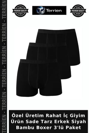Özel Üretim Rahat İç Giyim Ürün Sade Tarz Erkek Siyah Bambu Boxer 3'lü Paket