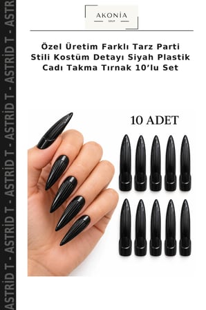 Özel Üretim Farklı Tarz Parti Stili Kostüm Detayı Siyah Plastik Cadı Takma Tırnak 10’lu Set